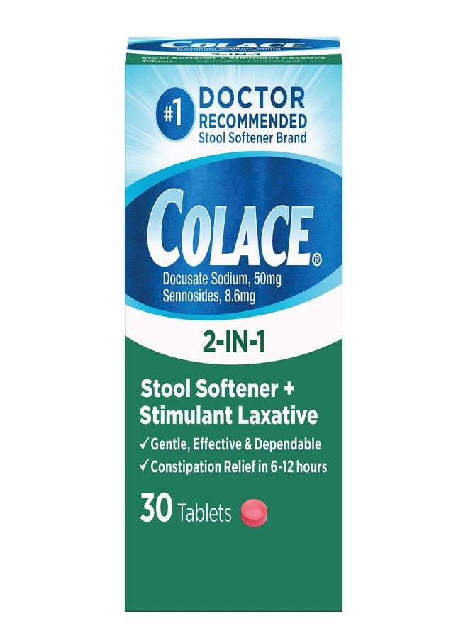 Colace أقراص كولاس 2 في 1 لتليين البراز وتحفيز حركة الأمعاء، لتخفيف الإمساك بلطف خلال 6-12 ساعة، 30 قرصًا - Image 1